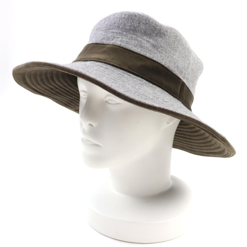 Excellent HERMES Hat Logo-print Velour Hat with Lining Gray Khaki Wool Women 57 Used