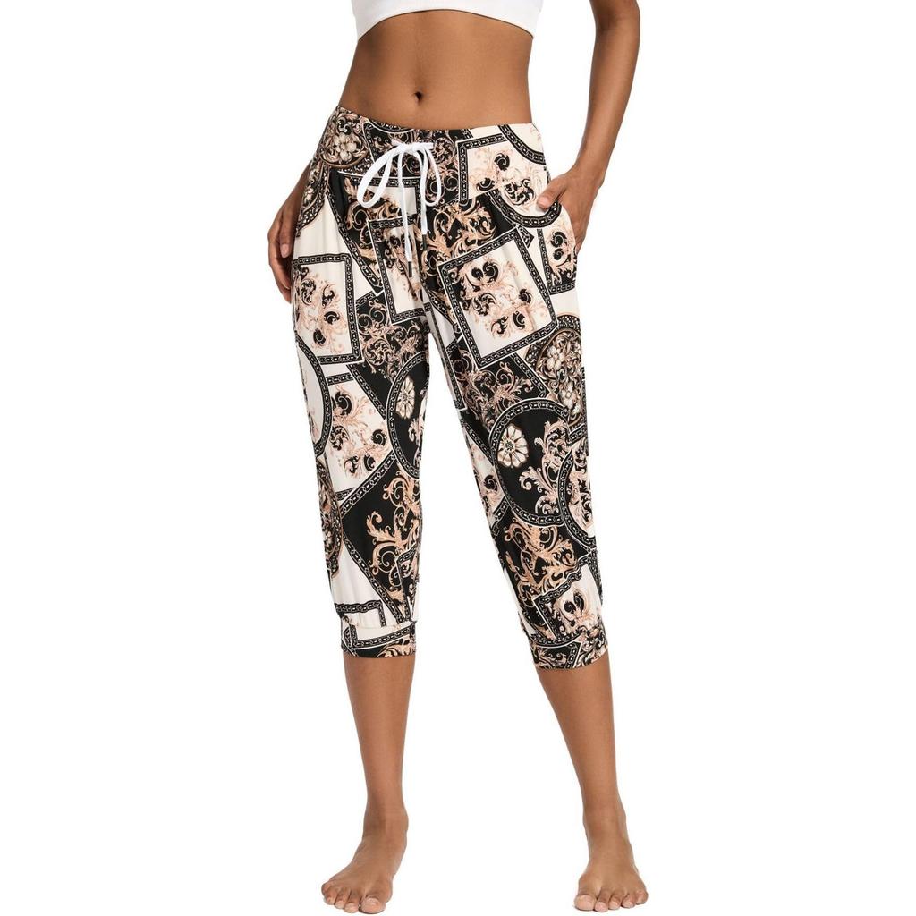 Damen Sommer Locker Retro Bedruckt Siebenhosen Jogginghose Yoga Home Jogginghose Mit Taschen