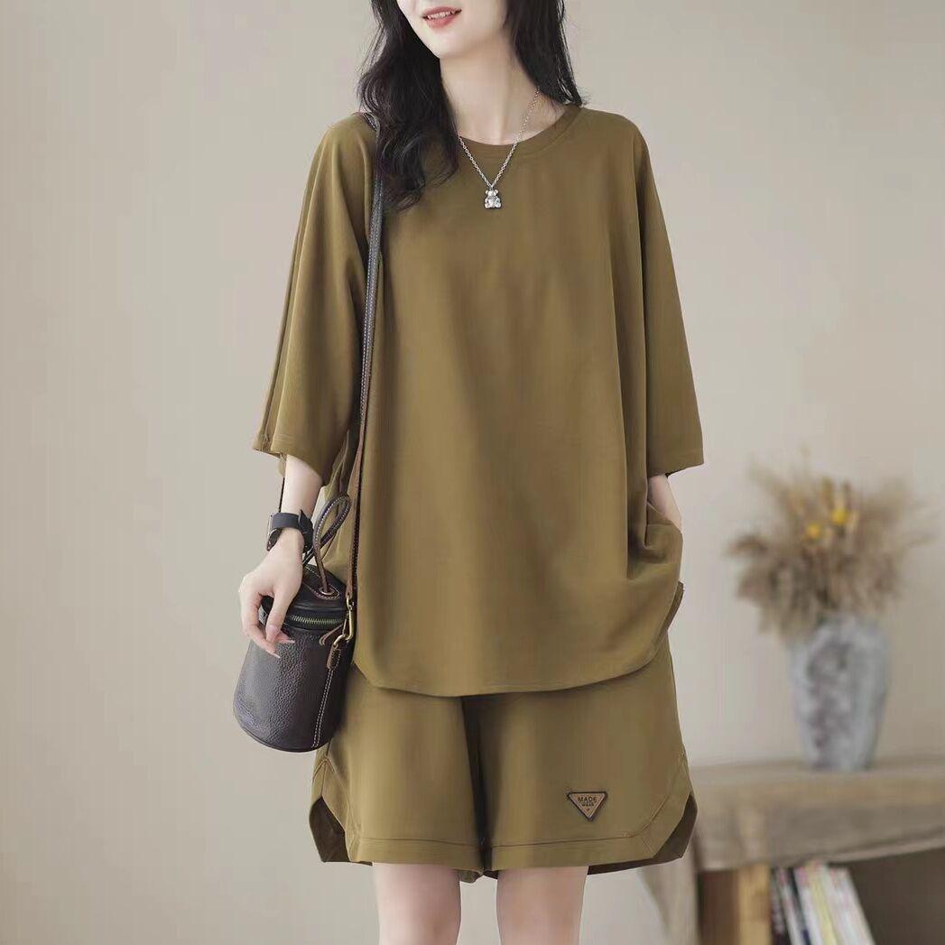 

Женский летний комплект свободного покроя больших размеров, топ с коротким рукавом + шорты, повседневный удобный комплект из двух предметов S