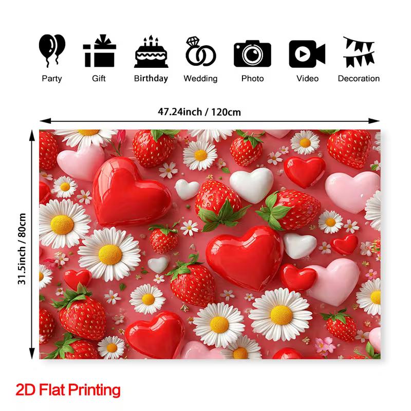 Romantic Strawberry, Heart and Daisy Backdrop Pink Themed Background Cloth for Birthday and Party