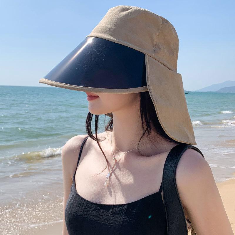 Women'S Big Eaves Anti-Ultraviolet Lenses Sun Hat Outdoor Face Covering Bucket Hat Beach Sun Protection Shawl Bucket Hat