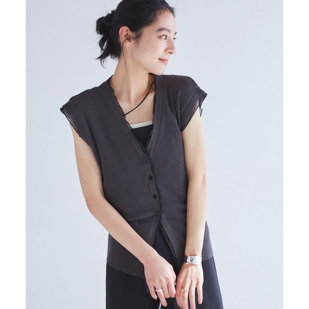 VIS Women's Sheer Ruffle Summer Knit Vest V-Neck Sleeveless Cardigan Charcoal One Size