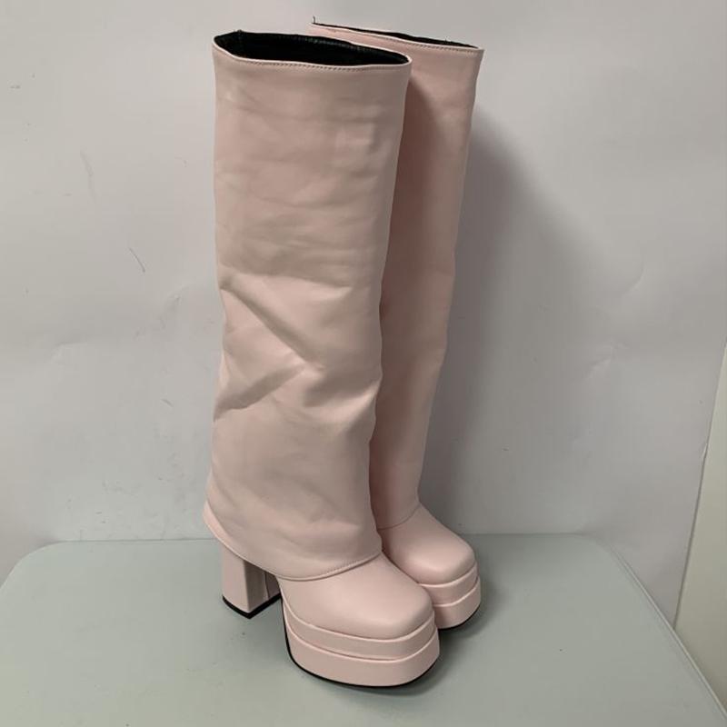 Fashion IPPEUM Orange Boots Platform Knee High Block Heel Shoes Y2k Plataforma Botas Bratz Mujer Hot Pink Fold Over Boots Women