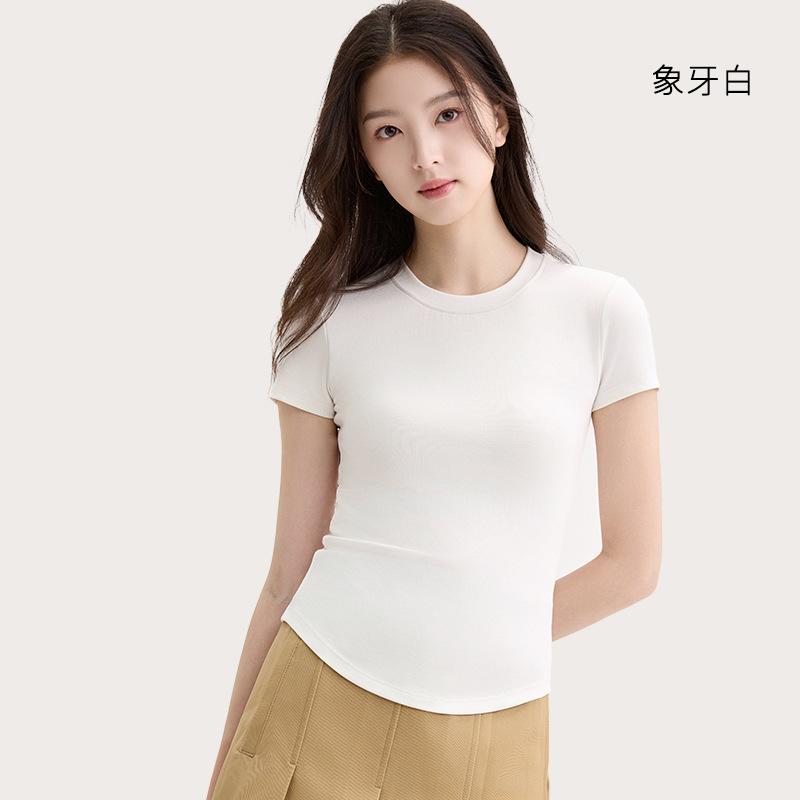 T-shirt Women's Tencel Blended Crew Neck with Chest Pad Breathable Bottom Shirt Versatile Short Sleeve Top Women's Summer