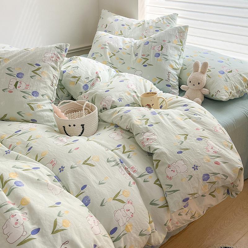 Class A maternal and infant grade super soft washed cotton bed sheet 4pcs set bed hat quilt cover student dormitory single