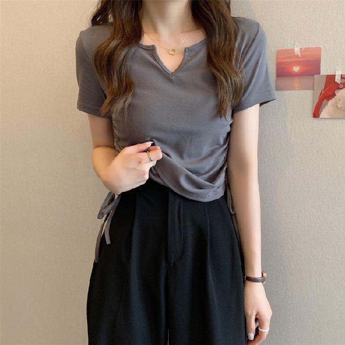 2024 Summer Women's Slim V-Neck Drawstring T-Shirt - Solid Color Short-Sleeve Trendy Student Top