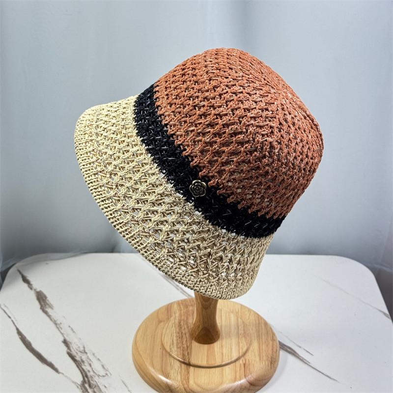 Vintage Color Block Knit Cotton Linen Fisherman Hat For Women Spring Summer Bucket Hat Sunscreen Chapeau Retro