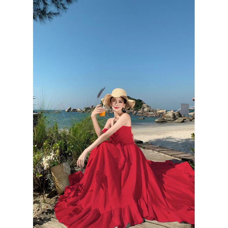 Irregular Ruffle Leaf Edge Halter Suspender Shiny Dress Seaside Vacation Super Fairy Beach Dress