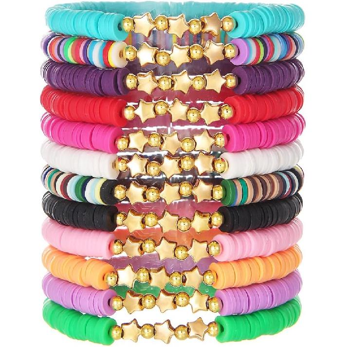 12pcs Friendship Bracelets Beaded Bracelets Heishi Bracelet Cute Bracelets Stack Vinyl Clay Disc Bead Surfer Stretch Summer Beach Bracelets For Women