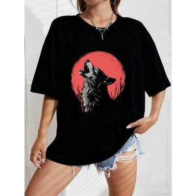 Wolf Heulen Grafik T-Shirt Weißer Wolf und Roter Mond Druck Lässige Sommerbekleidung für Frauen