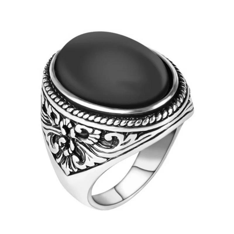 European and American Classical Vintage Black Agate Oval Ring Men's Art Carved Simple Men's Handicrafts