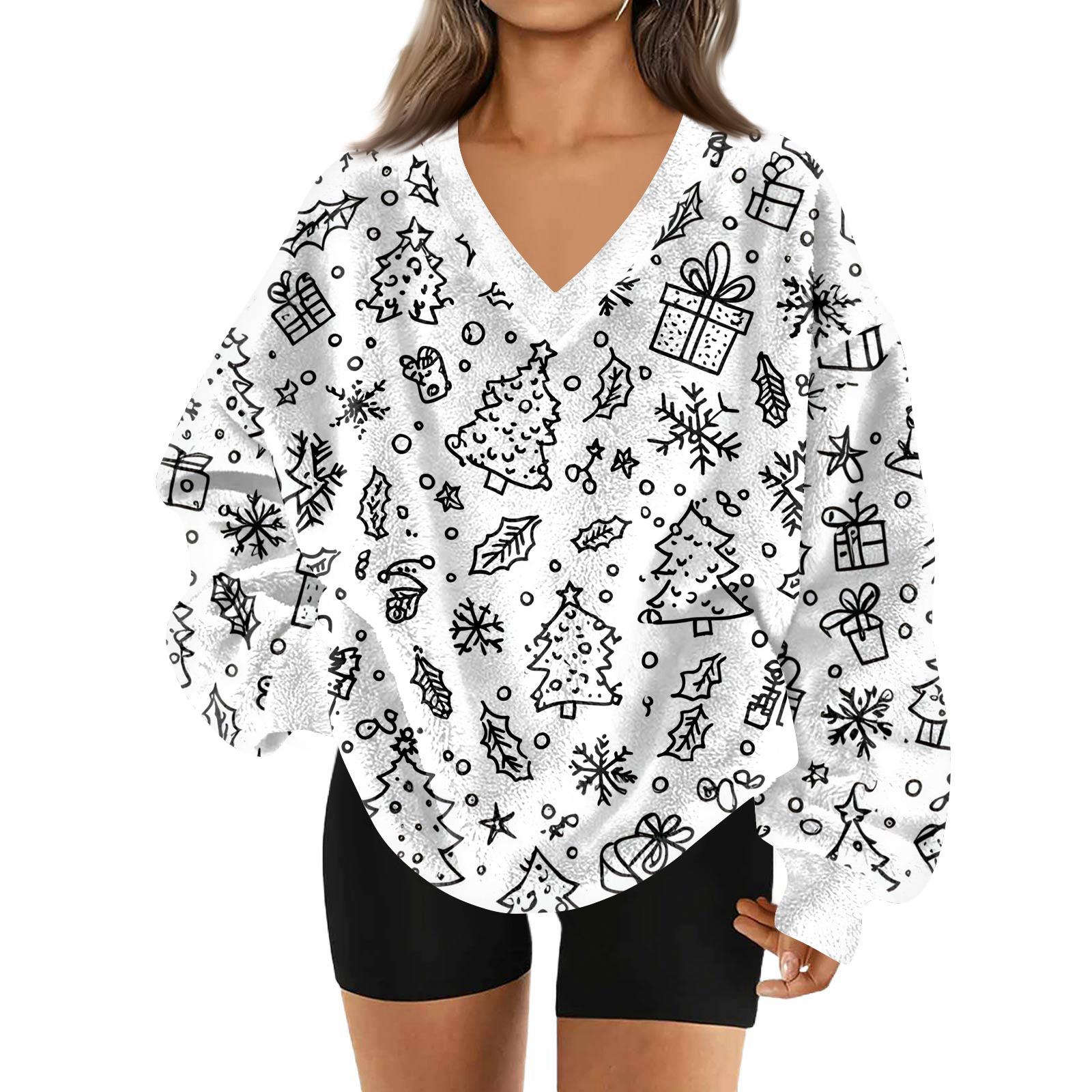 

Женская модная повседневная толстовка с длинным рукавом и V-образным вырезом с рождественским принтом L