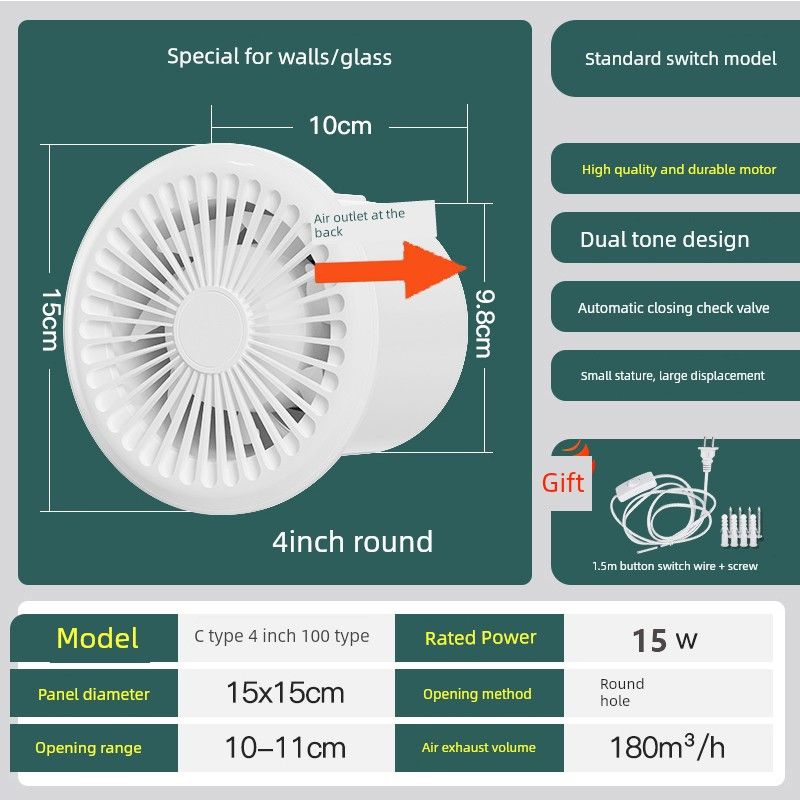 

Powerful Silent Bathroom Exhaust Fan for Home Use, Dual-Direction Wall-Mounted Toilet Extractor Fan, Kitchen Air Intake Fan [Opening 10cm] C 4inch Exhaust + 1.5 Switch Cable