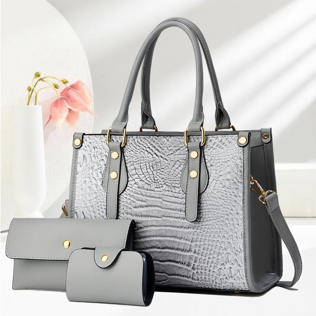 Women’s Trendy European Retro Crocodile Pattern Tote Bag Set, 3Pcs Convertible Top Handle Shoulder Crossbody Purse