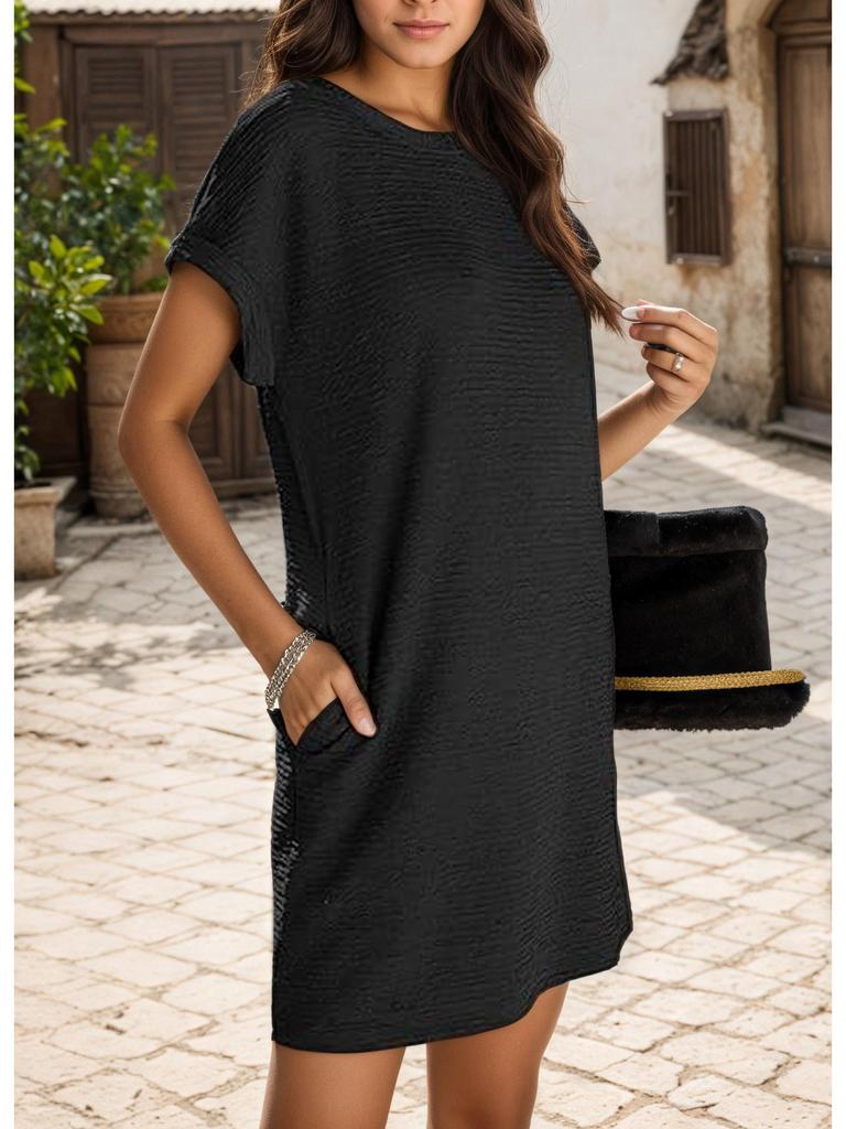 2026 Women's Solid Color Round Neck Short Sleeve Pocket Dress with Rolled Cuff