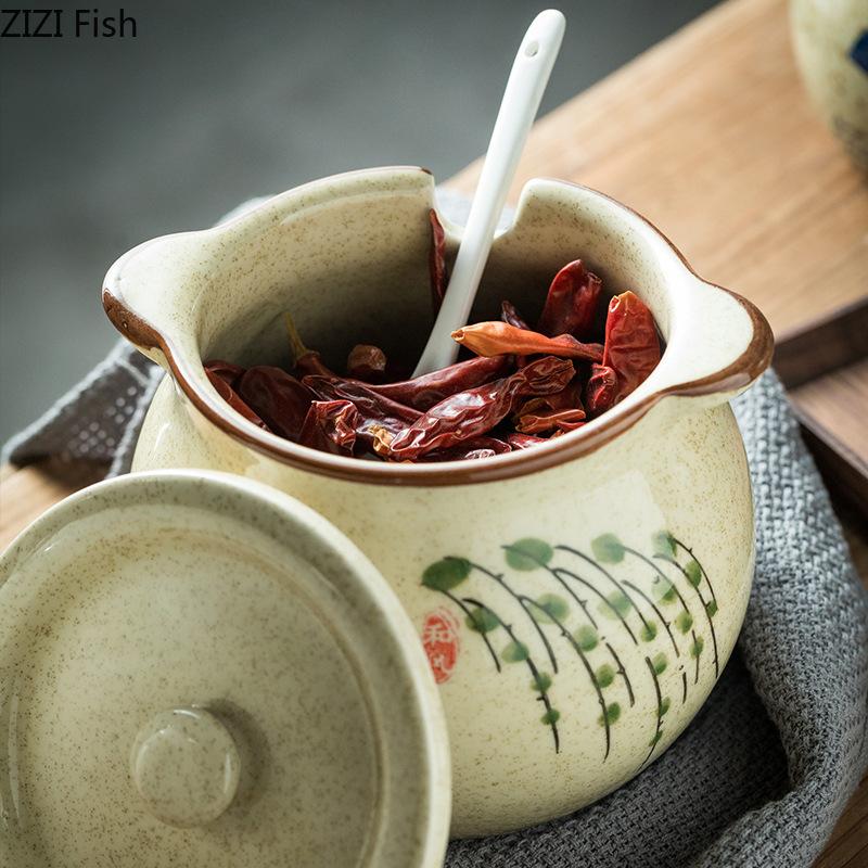 Retro keramická úložná nádoba Kuchyňská dóza na sůl a pepř Kořenka Úložná dóza Kreativní dóza na koření Japonský domácí úložný nástroj