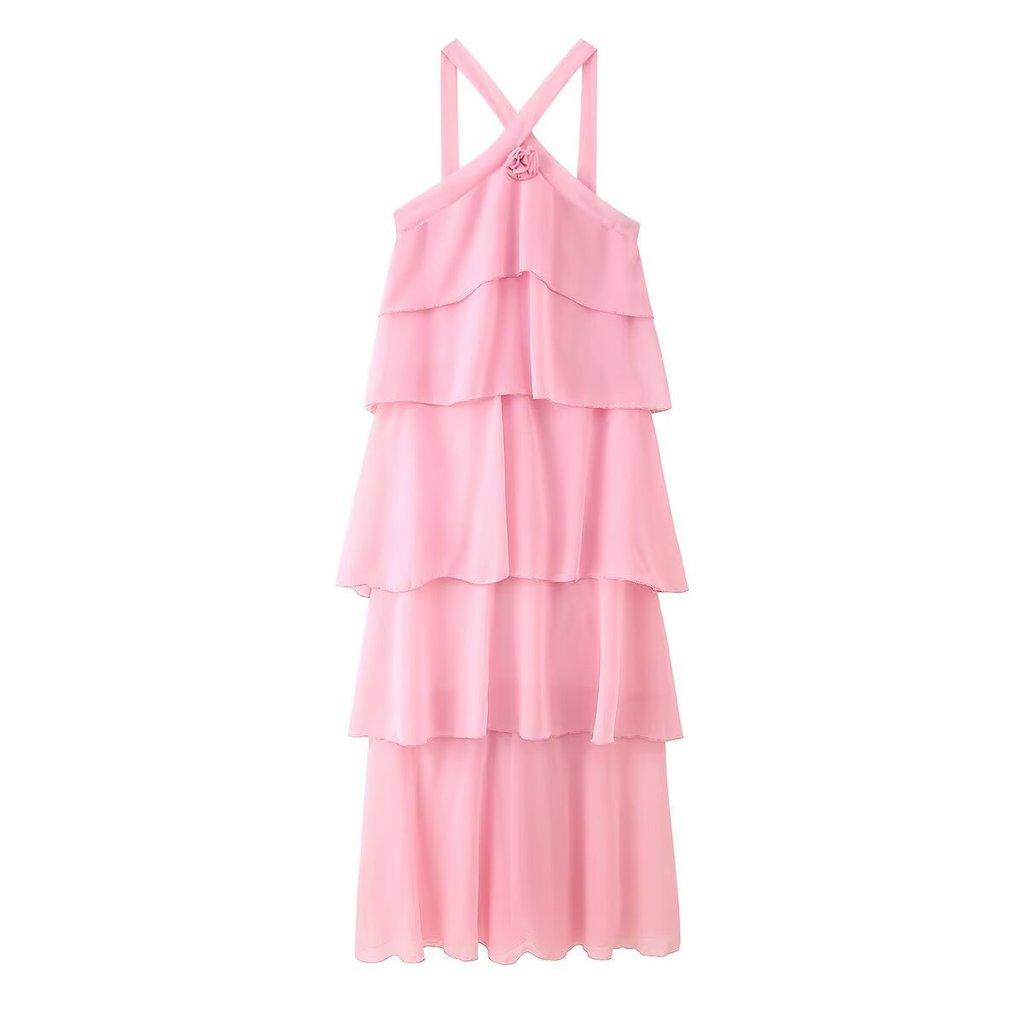 Polyester Floral Embellished Layered Chiffon Dress With Sleeveless Halter Neck For Spring