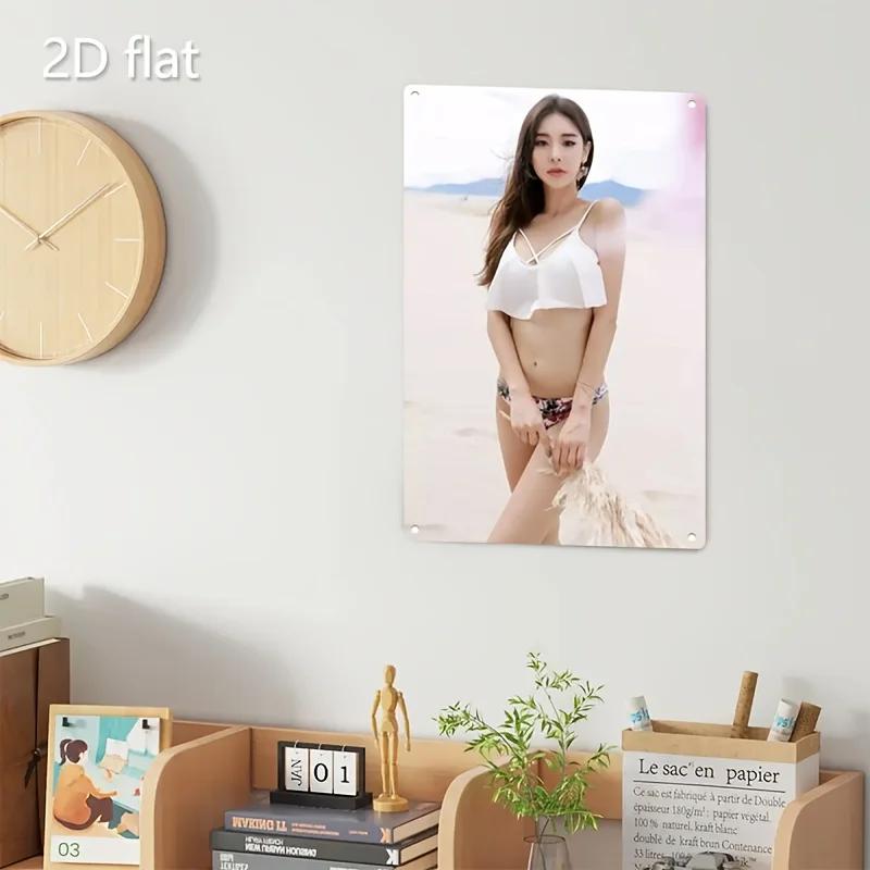 Panneau Décoratif Mural Métallique Rétro - Affiche Femme Coréenne Rustique Plage avec Cadre en Fer Décoration de Maison