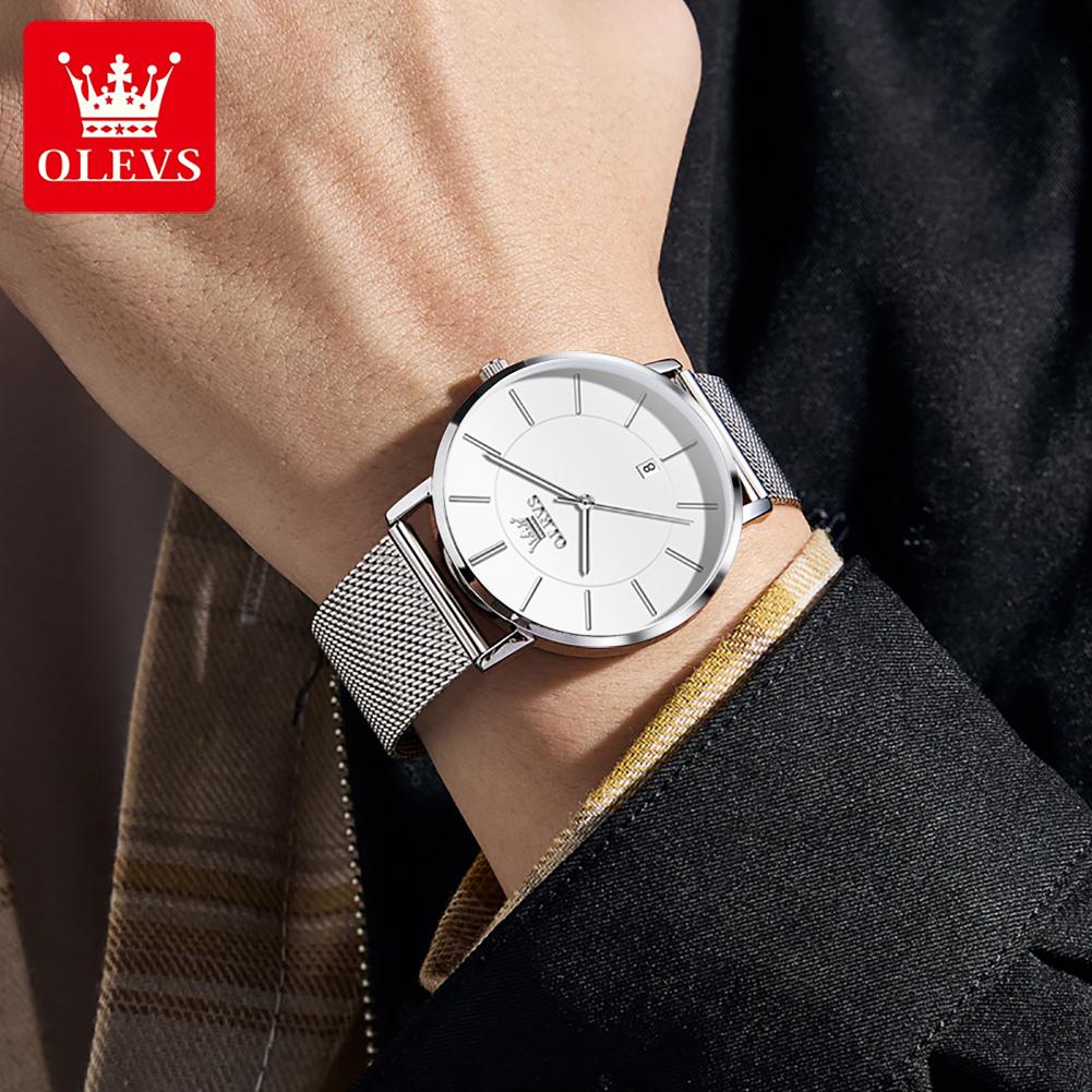 OLEVS Ultra Thin 6.5mm Minimalist Fashion Quartz Watch for Men Mesh Steel Strap Auto Date Waterproof Men Wristwatches