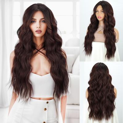 Pruiken Met Pony Synthetisch Lang Natuurlijke Golf Donkerpaarse Pruik Voor Vrouwen Dagelijkse Cosplay Pruiken