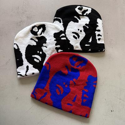 1pc Face Pattern Intarsia Beanie Hats,winter Casual Windproof Elastic Skull Cap,Suitable for Outdoor Activities and Daily Wear