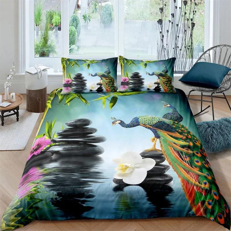 Kinder Pfau Bettbezug Set Einzel Queen Vögel Feder Muster Steppdeckenbezug Zweig Blumen Bettwäsche Set Mikrofaser Tagesdeckenbezug