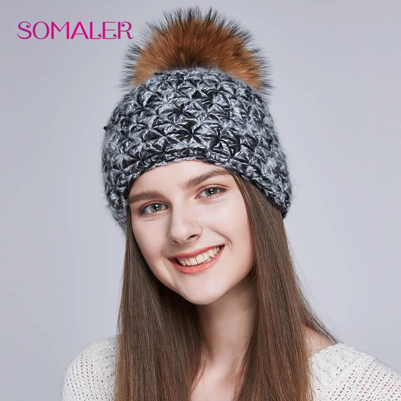 SOMALER Handmade Warm Winter Hats for Women Real Fox/Raccoon Fur Pompom Beanies Mix-color Caps