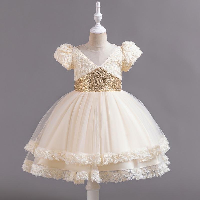 Girls Short Sleeve Tulle Sequin Princess Dress For Birthday Party
