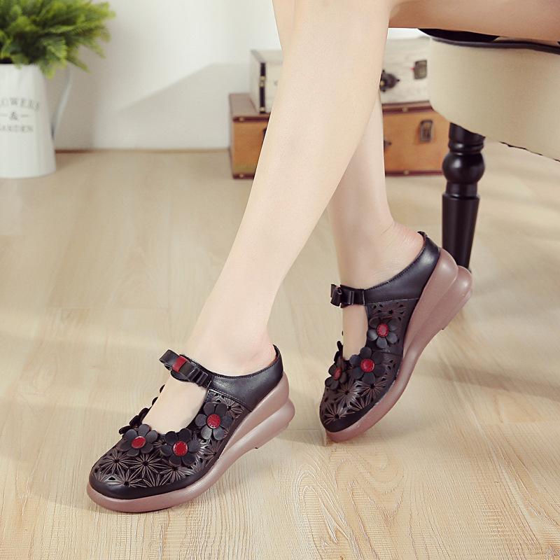 New Summer Top Layer Cowhide Sponge Soles Women's Shoes for Women's National Style Genuine Leather Flowers Slippers Breathable