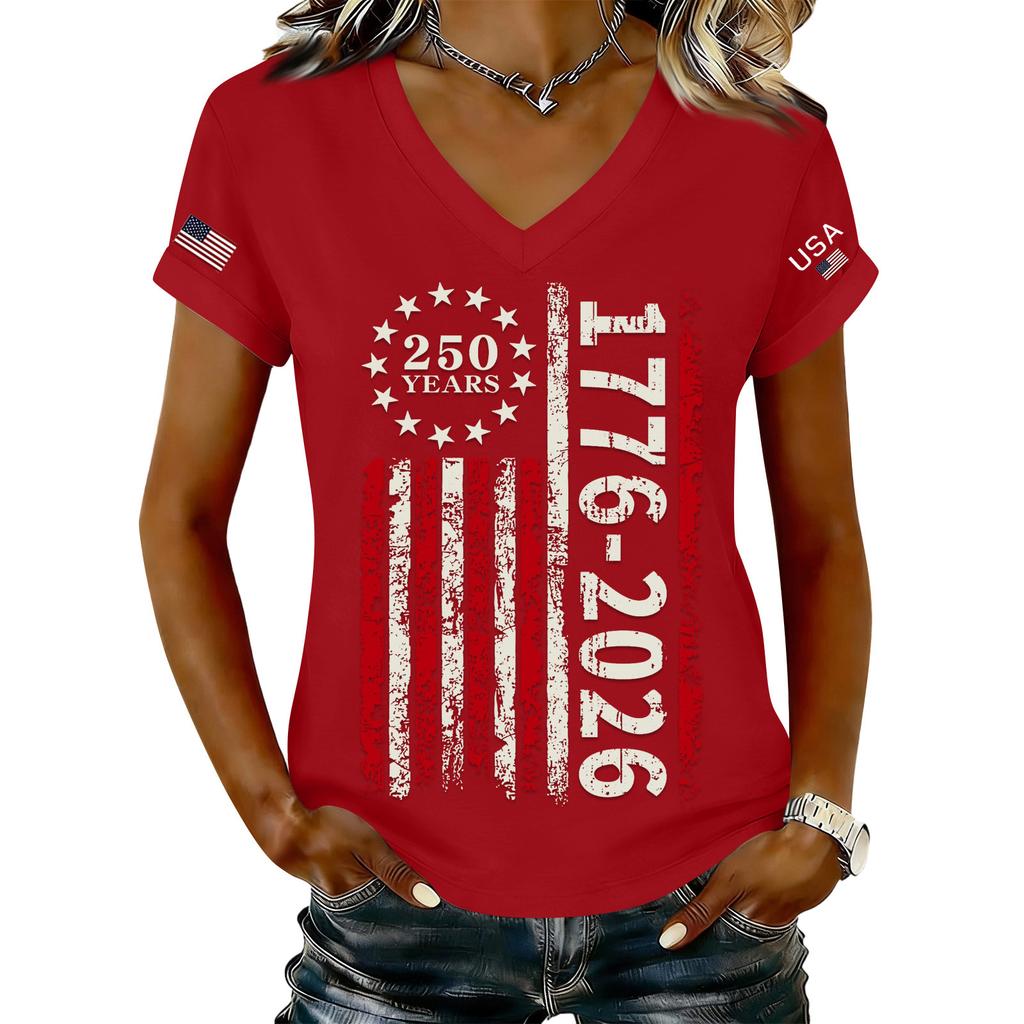 Women's Fashionable V-Neck Casual Retro Print Short Sleeved T-shirt Top