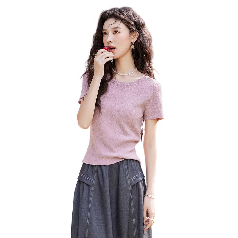 Meixiu Slim Fit Back Hollow Pearl Button Knit T-shirt