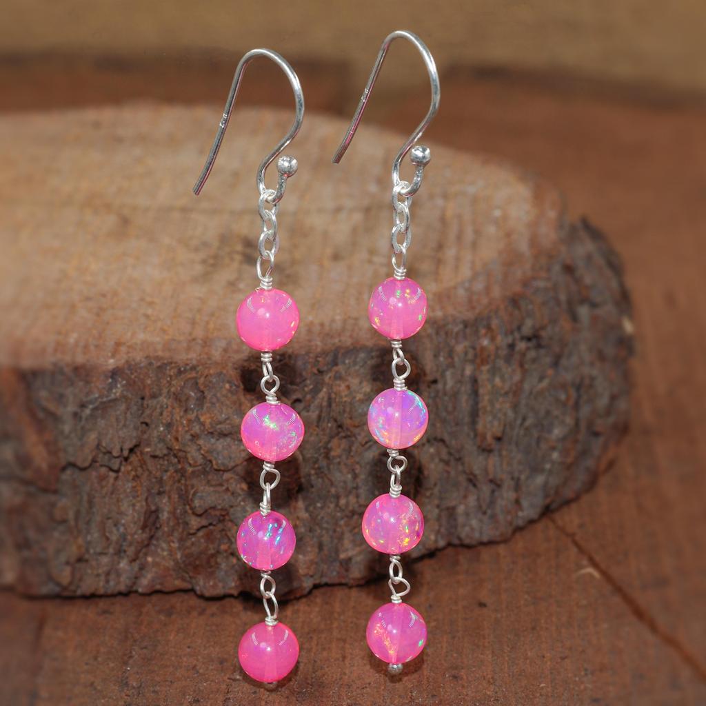 Natural Pink Opal Gemstone Dangle Earring, Multifire Opal Round Beads Earrings, Fire Opal Smooth Beads Earring for Her, Handmade Earrings