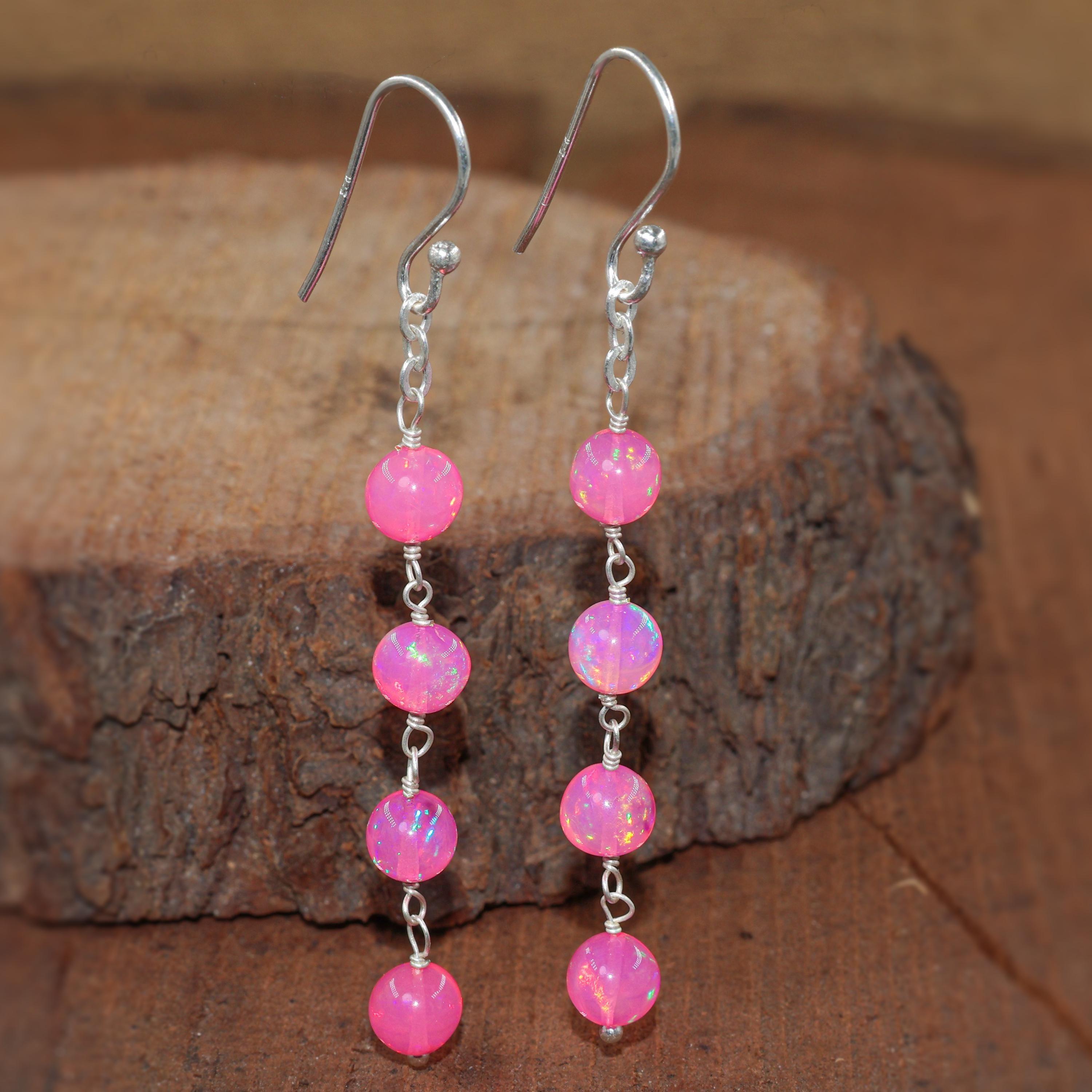 

Natural Pink Opal Gemstone Dangle Earring, Multifire Opal Round Beads Earrings, Fire Opal Smooth Beads Earring for Her, Handmade Earrings 6.5 CM жовтий/золотий