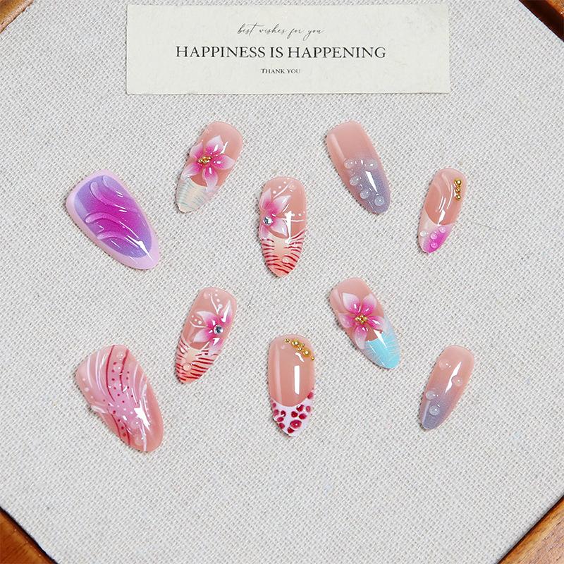 Europe and the United States popular wear nail short almond 3d three-dimensional flower fake nail hand point drill foreign trade nail wear nail piece