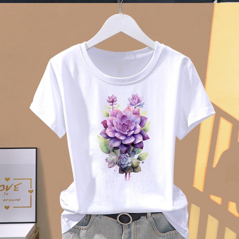 (Asian Size) Letter Flower Trend Short Sleeve T-shirts Women's Top T Clothing Print  Fashion Female Casual O-neck Graphic Tee