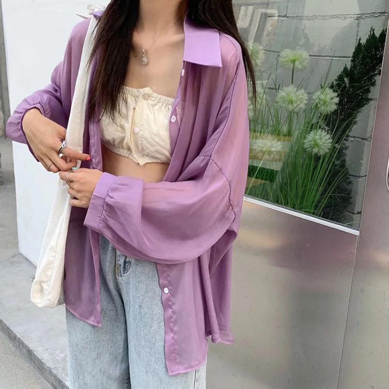 WTEMPO Chiffon Shirt Women Summer Thin Sun Protection Shirt Solid Casual Top StreetWear Versatile Shirt Vintage Female Clothing