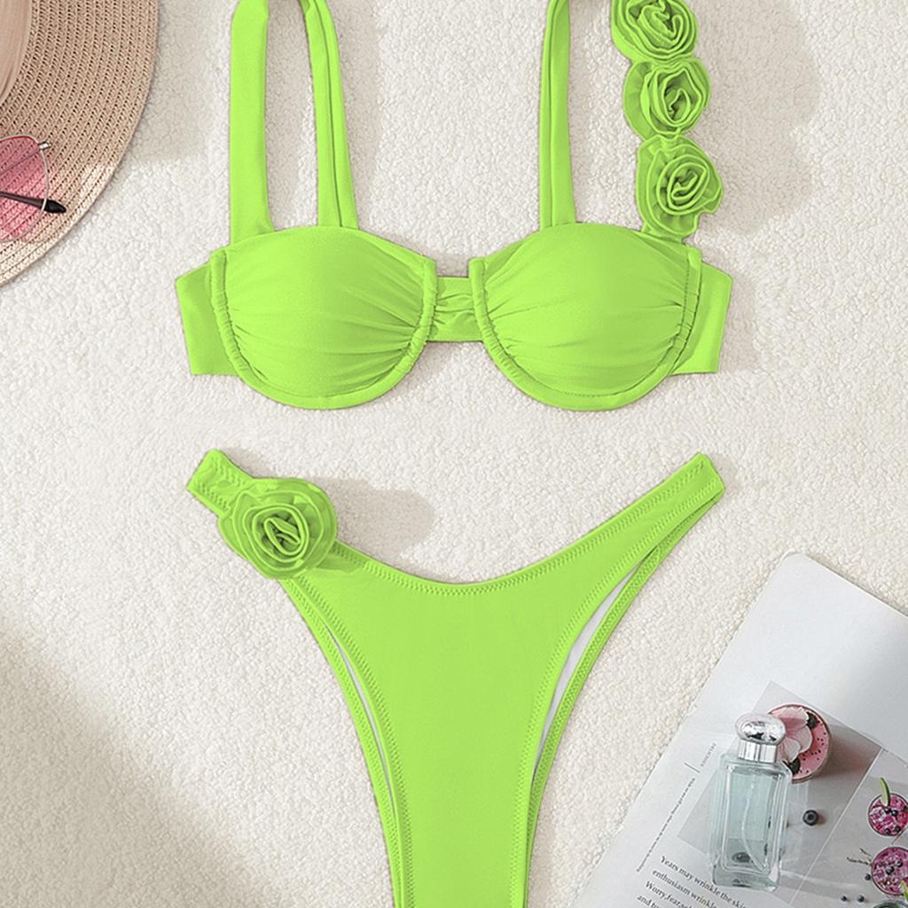 New Bikini European And American Bikini Steel Tray Solid Color Three-Dimensional Flower Split Women'S Swimsuit Swimsuit