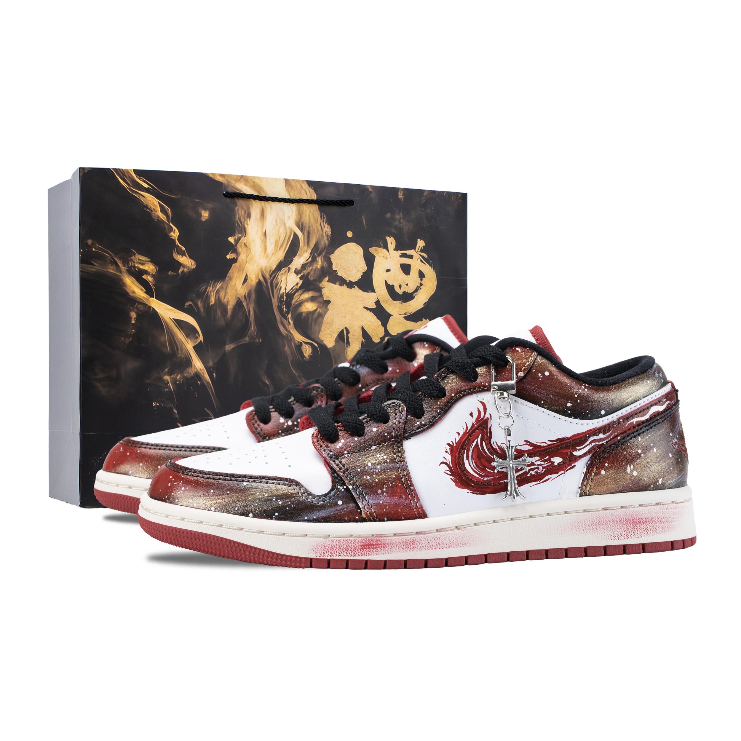 

Jordan Air Jordan 1 Fiery Blaze Breathable Low top Vintage Basketball Shoes Women s Black Red Gold DC0774-160(Team836-) 36