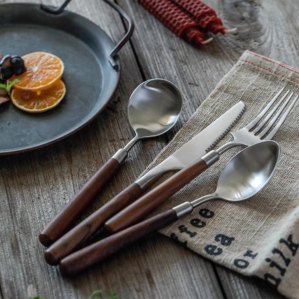Cutlery Set with Walnut Wood Handle, Steak Knife Fork Spoon, Durable Thick Flatware for Steak, Dessert, Western Style Tableware