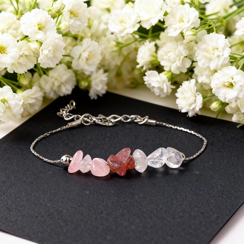Festliche Geschenke Rosenquarz Erdbeerquarz und Klarquarz Splitter Armband Zarter Modeschmuck für Frauen Tägliches Tragen Einfaches Vielseitiges Accessoire