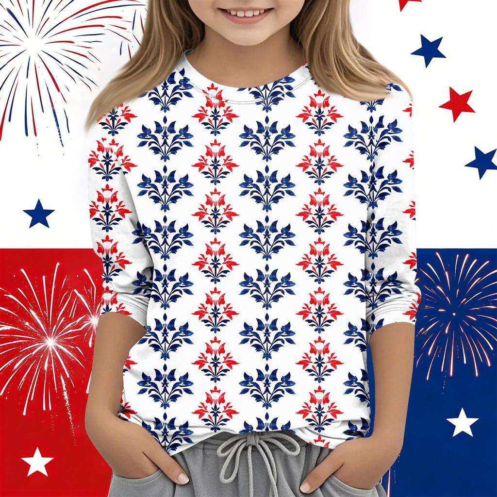 Print Tops For Youth Girls Round Neck 3/4 Sleeves T-Shirts Trendy Tops Outfit Tees Independence Day