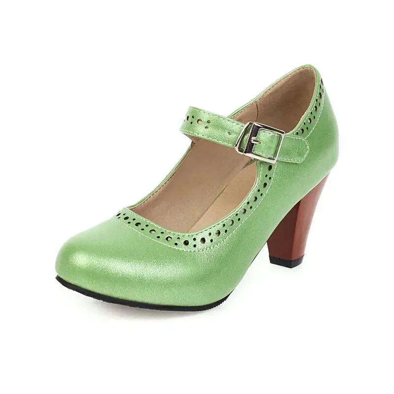 

Fashion Spike High Heels Purple Green Black Woman Shoes Retro Lady Pumps Buckle Strap Female Heels Mary Janes Shoes Size 34-48 36 зелений