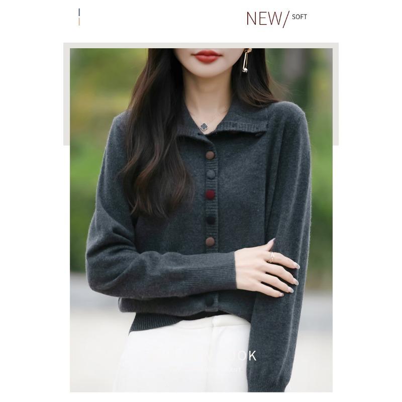 Women S Lapel Long Sleeve Cardigan Sweater Korean Style Solid Color