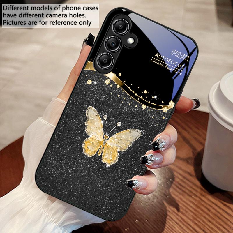 Gradient Diamond Butterfly For Samsung Galaxy A14 4G 20 30 52 20S 21S 22 32 33 34 42 50 51 53 54 70 71 72 73 5G Glass Phone Case