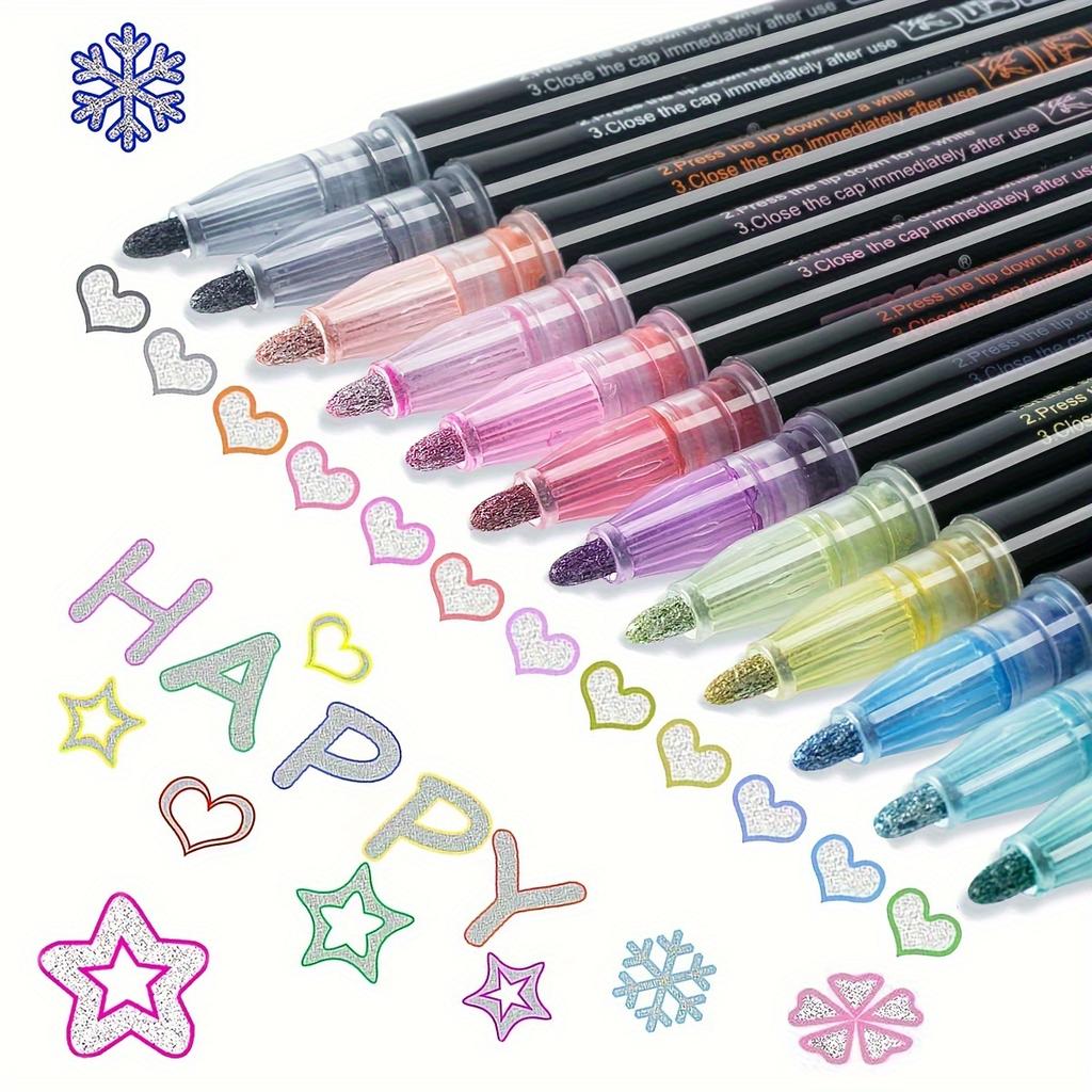 12pcs/8pcs Metal Flash Double Line Contour Pen | Color Flash Marking, Graffiti, DIY Art Craft, Gift Card Coloring, Holiday Gifts