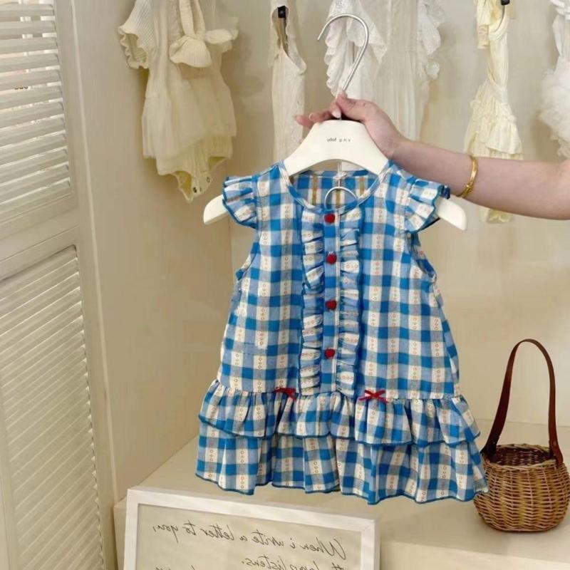 

New Girls Blue Plaid Vest Dress Children s Fashion Korean Bow Floral Princess Dress Spring Summer Toddler Dresses 130 синій