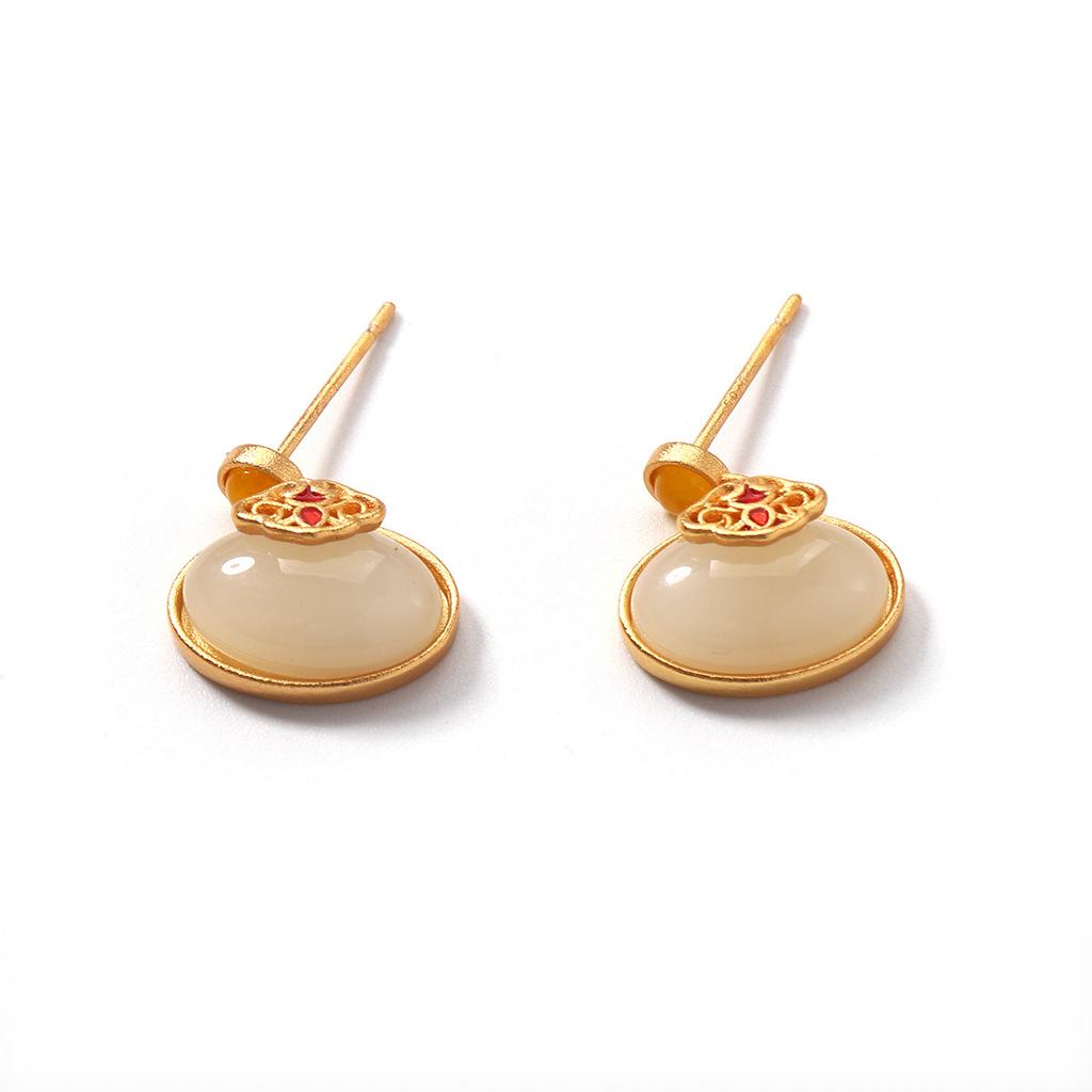 New Chinese imitation Hetian jade enamel color earrings women's senior temperament oval niche stud earrings retro earrings