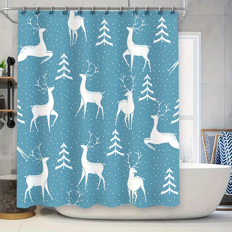 

Blue Deer Christmas Shower Curtain White Snowflake Print Bathroom Decor Waterproof Fabric Modern Home Decoration W60H190(CM)-1 Pcs