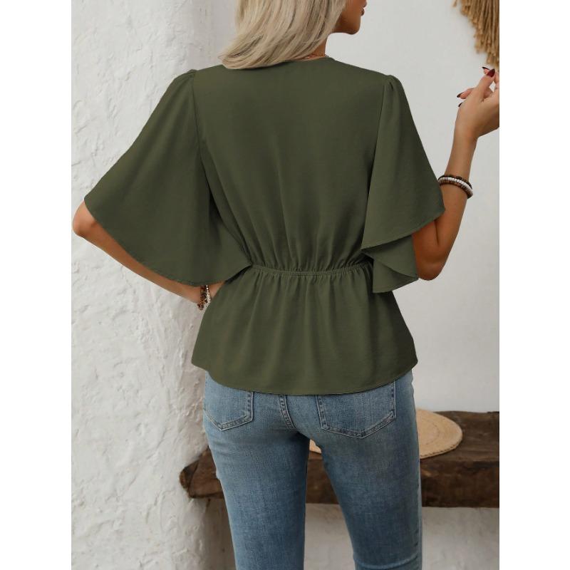 Women S V Neck Solid Color Single Breasted Waist Short Sleeve Blouse