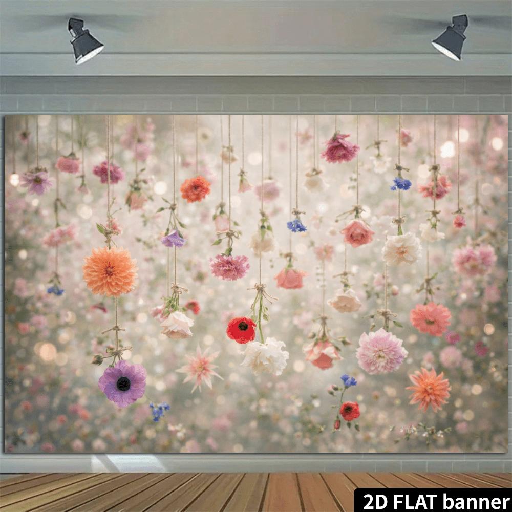 2D Plane Colorful Flowers Hanging In the Air Pink White and Purple Flowers Interwoven Polyester Fibers Romantic Atmosphere